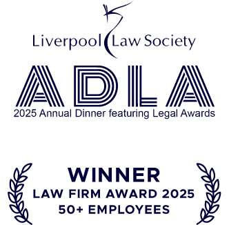 A badge showing CEL Solicitors award win of Liverpool Law Societ Law Firm Award of the year 2025 with 50+ employees.