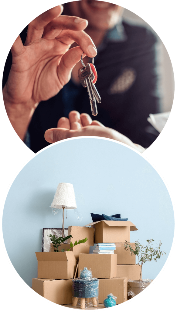 Photographs of a set of keys and cardboard boxes.