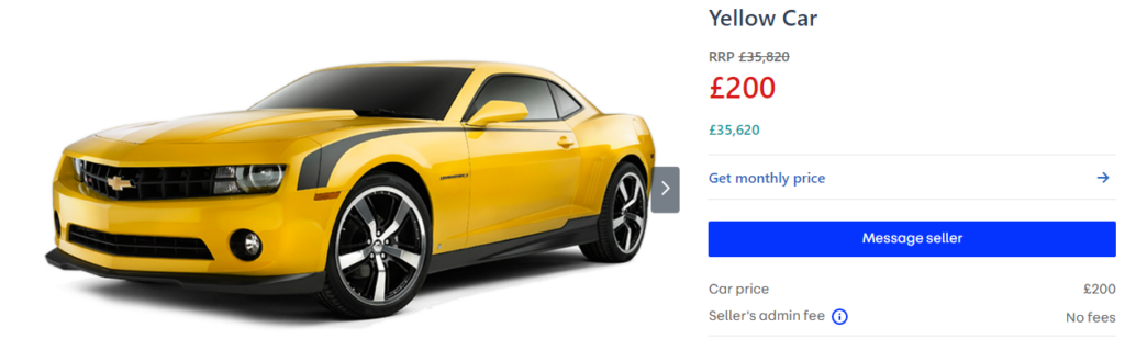 A mock website showing an expensive yellow car with a very heavy discount