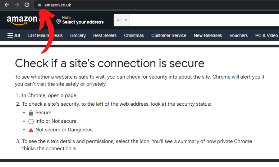 a screenshot of the Amazon homepage, with an arrow indicating the 'secure website' symbol in the address bar