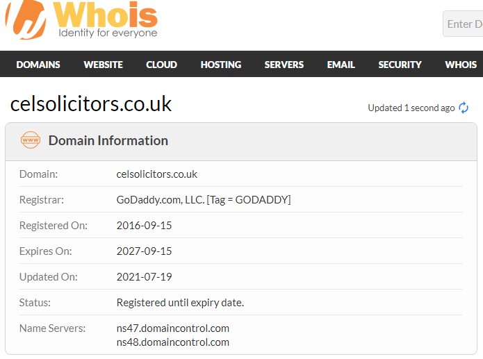 A screenshot from the "WhoIs" website showing the CELSolicitors domain