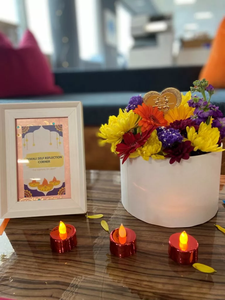 three candles, a pot of flowers and picture frame reading "Diwali self reflection corner"