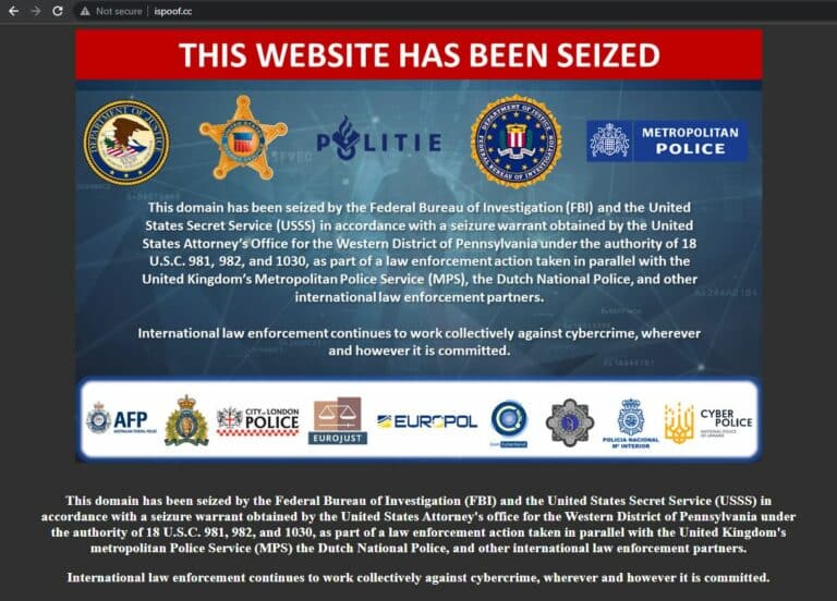A screenshot taken of the iSpoof website, showing a warning from international law enforcement stating the site has been seized.