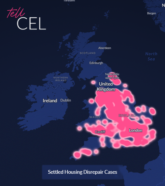 A heatmap showing all of the successful housing disrepair claims in the UK for CEL Solicitors.